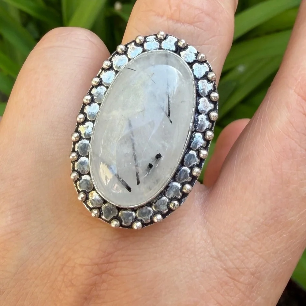 SIZE 7.25 925 silver plated black rutile quartz‎ ring 0376
